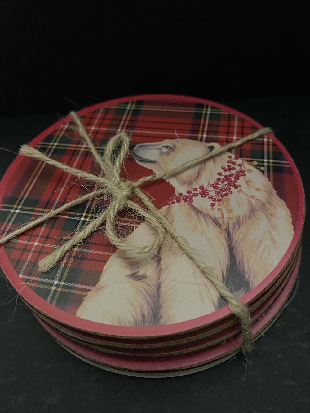 Pottery Barn Red Tartan Plaid Polar Bear Coaster Set of 4, Natural Cork NWT